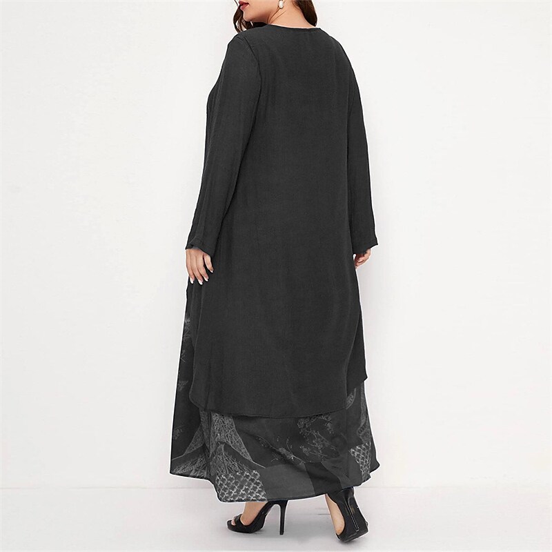 Women's Plus Size Casual Dress Print Crew Neck Split Long Sleeve Dress