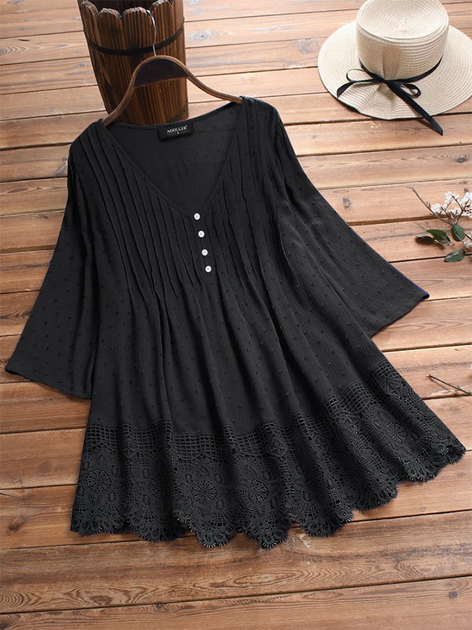 Women's V-Neck Lace Cutout Jacquard Shirt