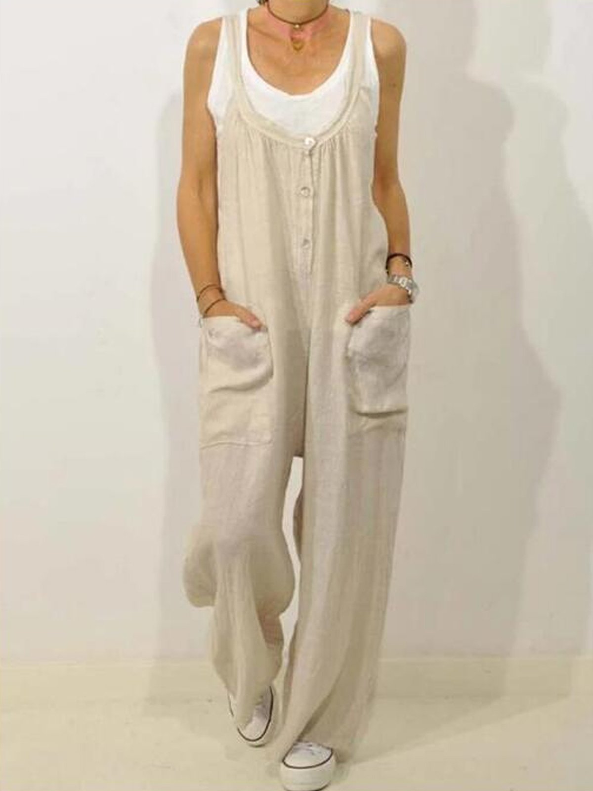 Women's Casual Pure Color Shirring Wide Leg Jumpsuit