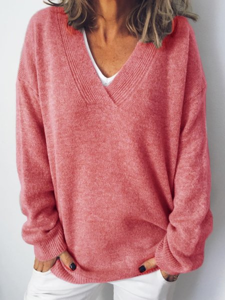 Cotton-Blend Long Sleeve V Neck Tops