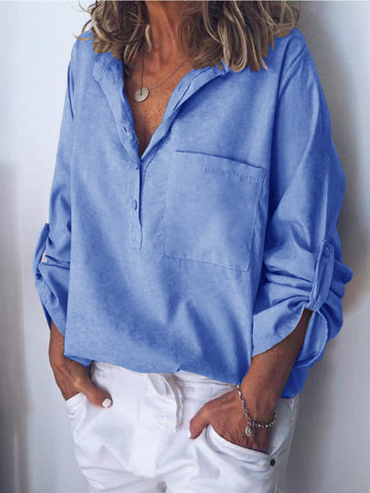 Women's Cotton Linen V-Neck Fashion Commuter Casual Shirt