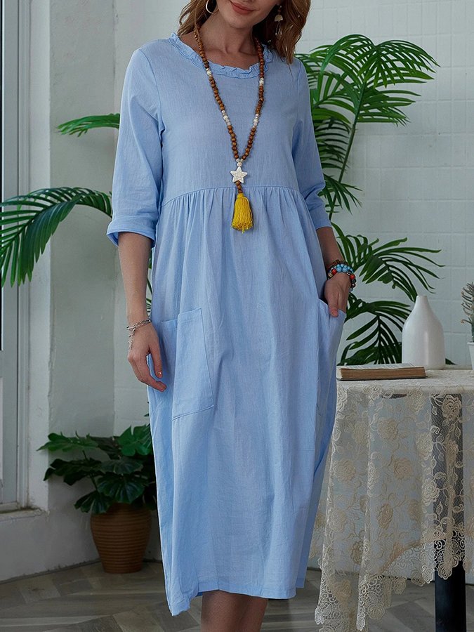 Women's Fashion Simple Solid Color Round Neck Mid Sleeve Dress