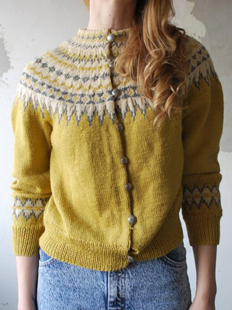 Vintage Contrast Jacquard Button Sweater Cardigan
