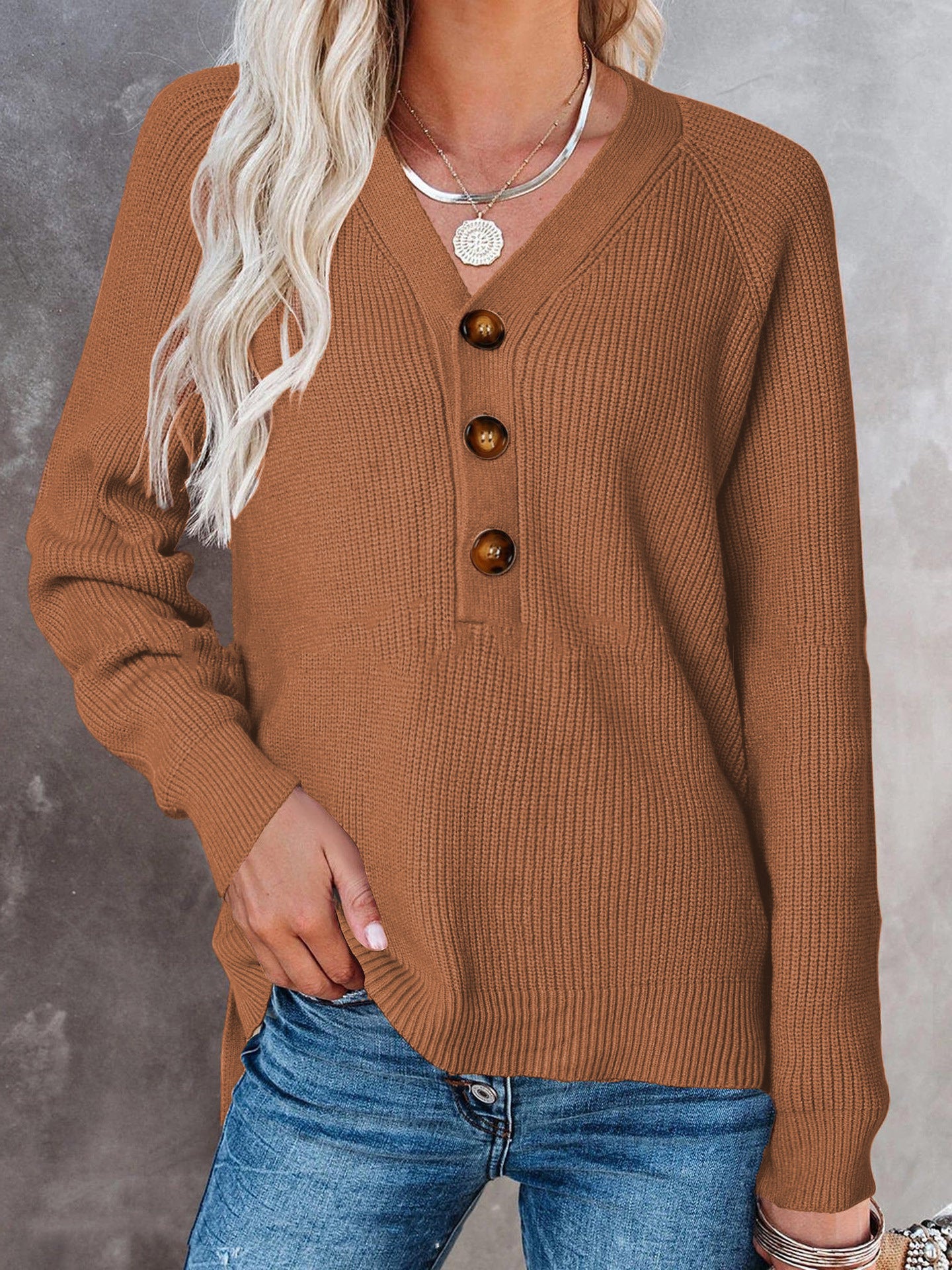 Women's Solid Long Sleeve Button Sweater