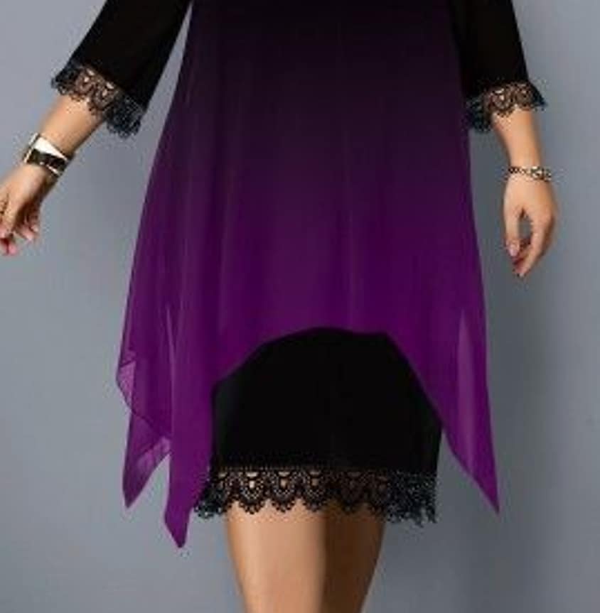 Women's Plus Size Two Piece Dress Color Gradient Round Neck Layered 3/4 Length Sleeve