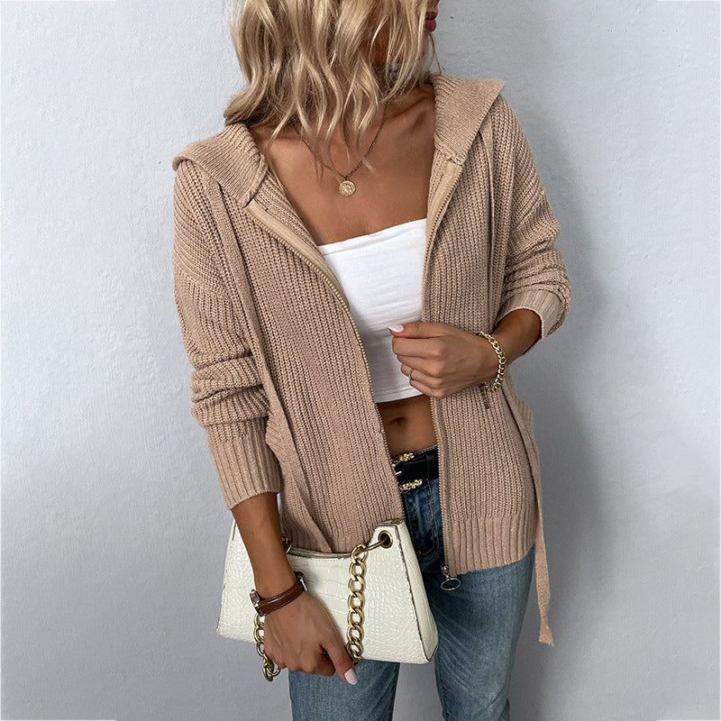 Women's Solid Hooded Zip Knit Sweater