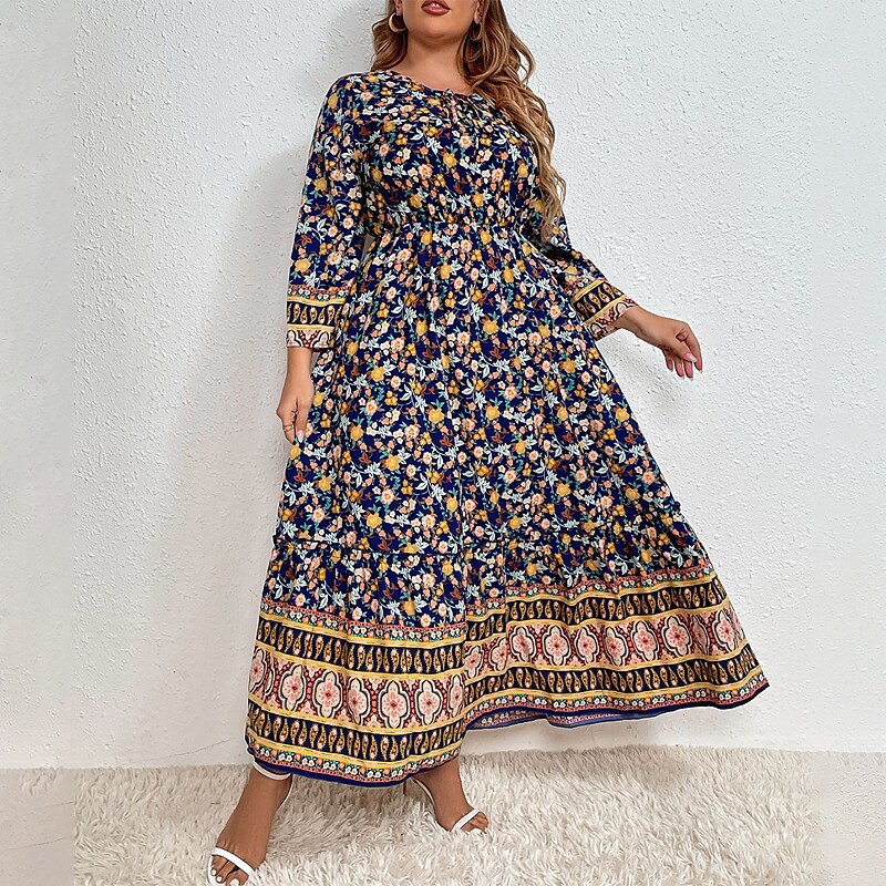Women's Plus Size A Line Dress Solid Color Crew Neck Long Sleeve Fall Winter Boho Casual Maxi long Dress Date Vacation Dress / Cotton / Linen