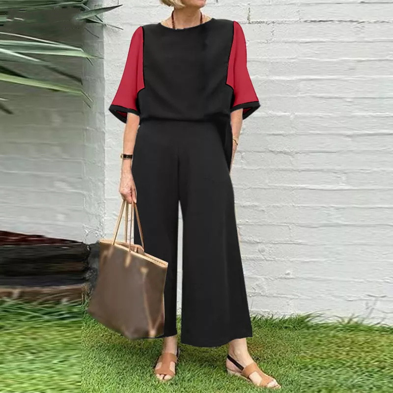 Women's Spring and Summer Two-Piece Set Stitching Loose Top Wide Leg Pants Casual Fashion Set