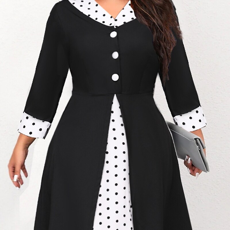 Women's Plus Size A Line Dress Polka Dot V Neck Long Sleeve Dress