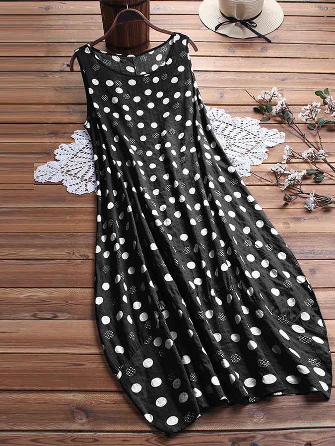 Women's Sleeveless Bohemian Print Polka Dot Dress