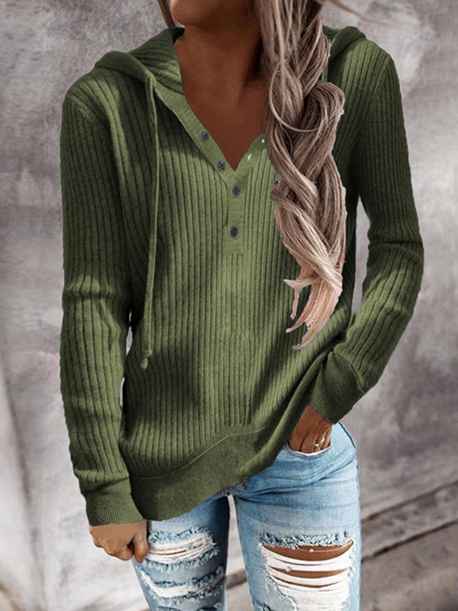 Women's Solid Knit Button Long Sleeve Sweater