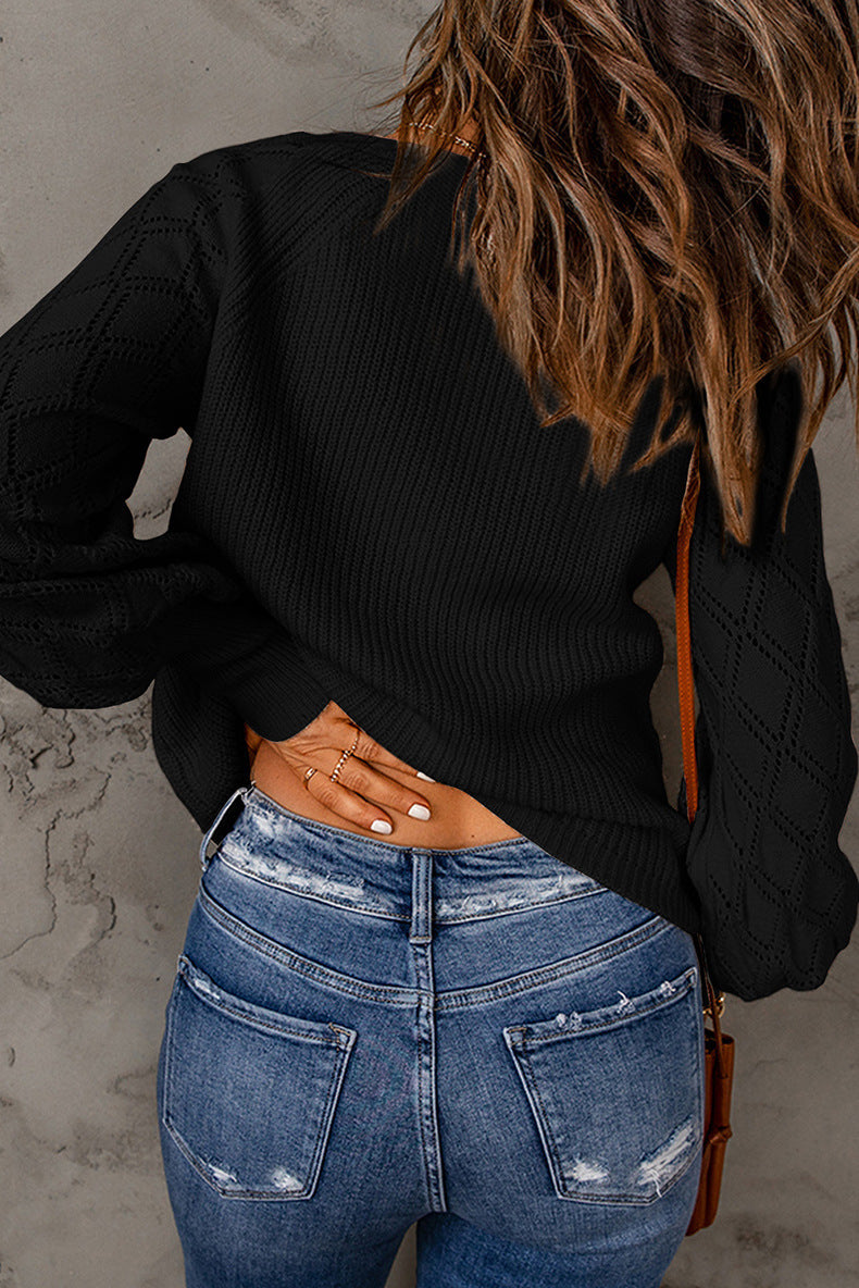 Women's Solid Diamond Long Sleeve Knit Sweater