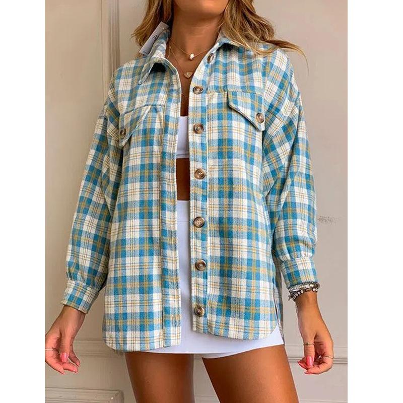 autumn plaid print buttons loose women shirt
