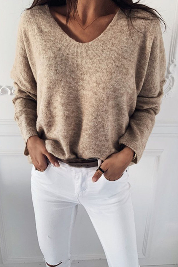 Casual Solid Basic V Neck Tops Sweater