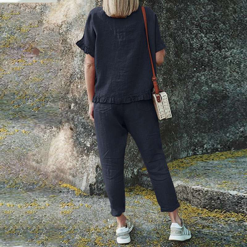 Cotton and linen short sleeve top + trousers loose fitting suit