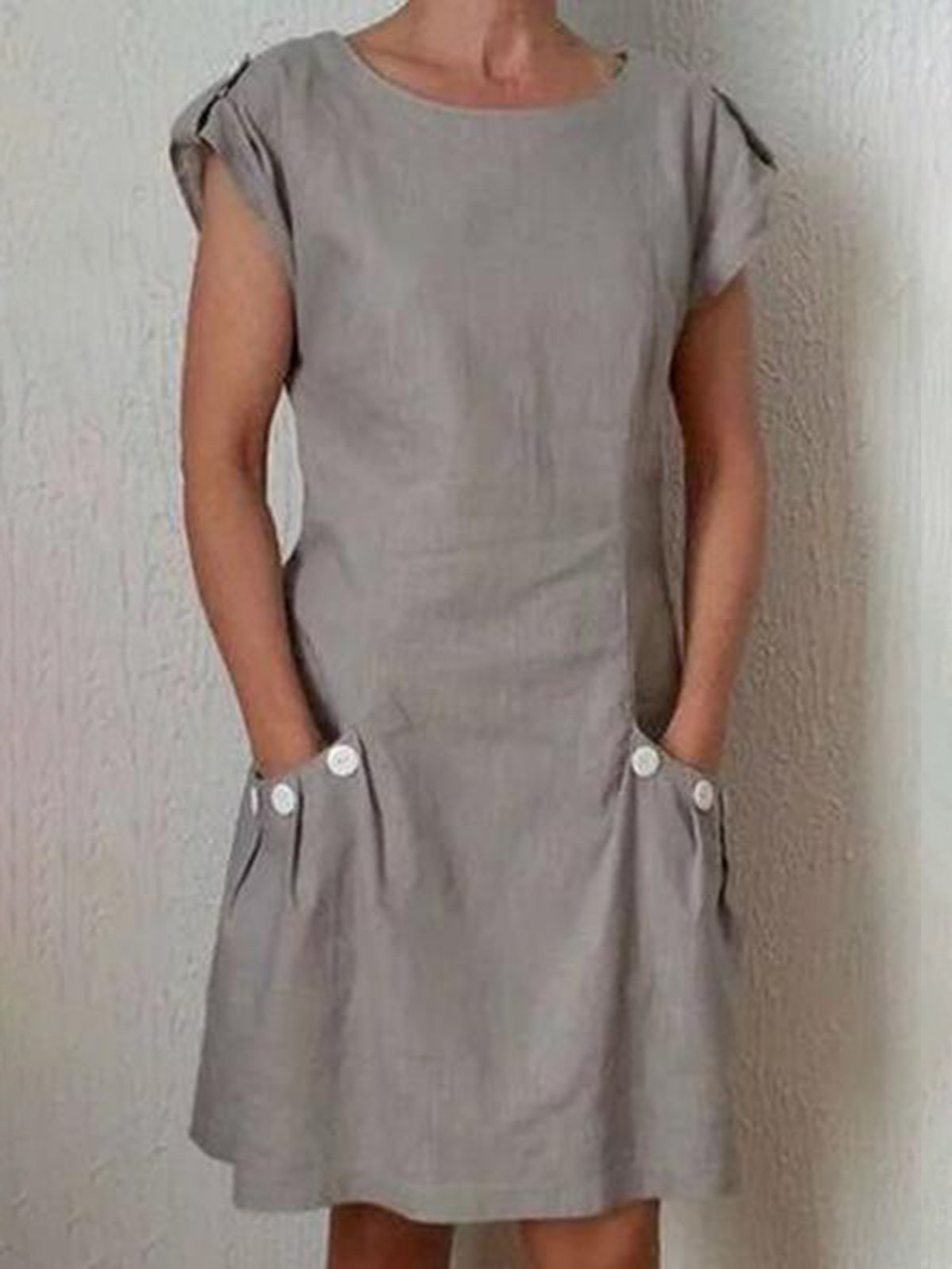 Women's Pure Color Pleated Pocket Cotton Dress