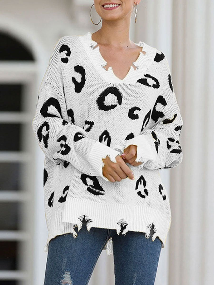 Leopard V-neck Hole Sweater