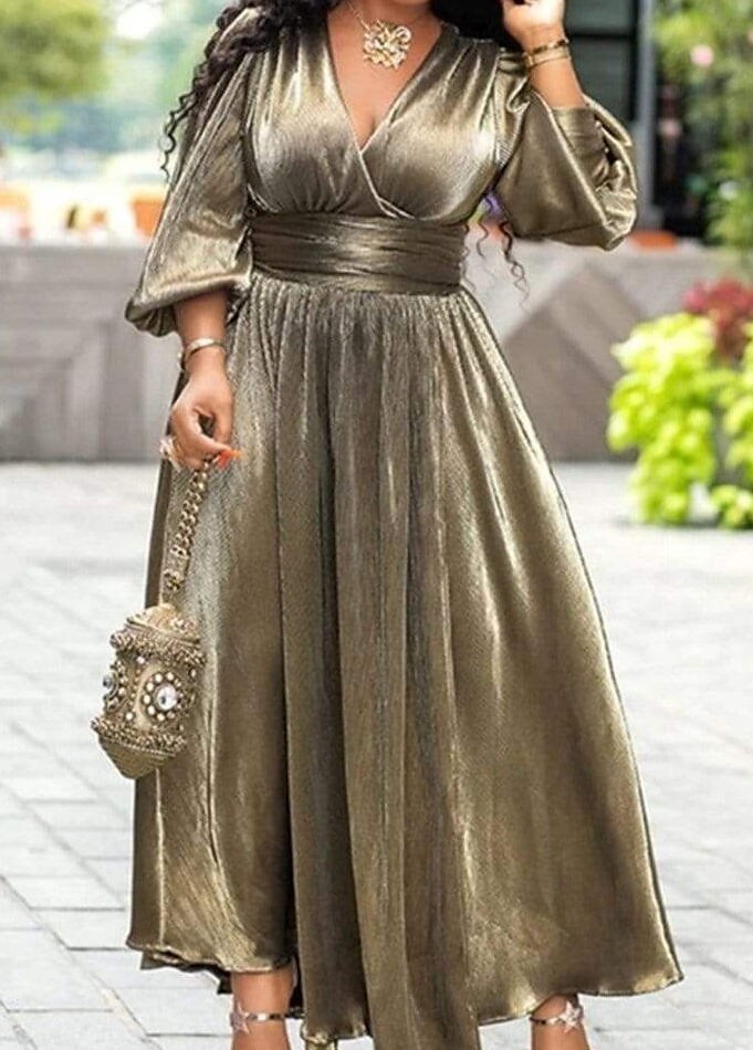 Women's Plus Size A Line Dress Solid Color V Neck 3/4 Length Sleeve Winter Fall Vintage Elegant Maxi long Dress Party Dress