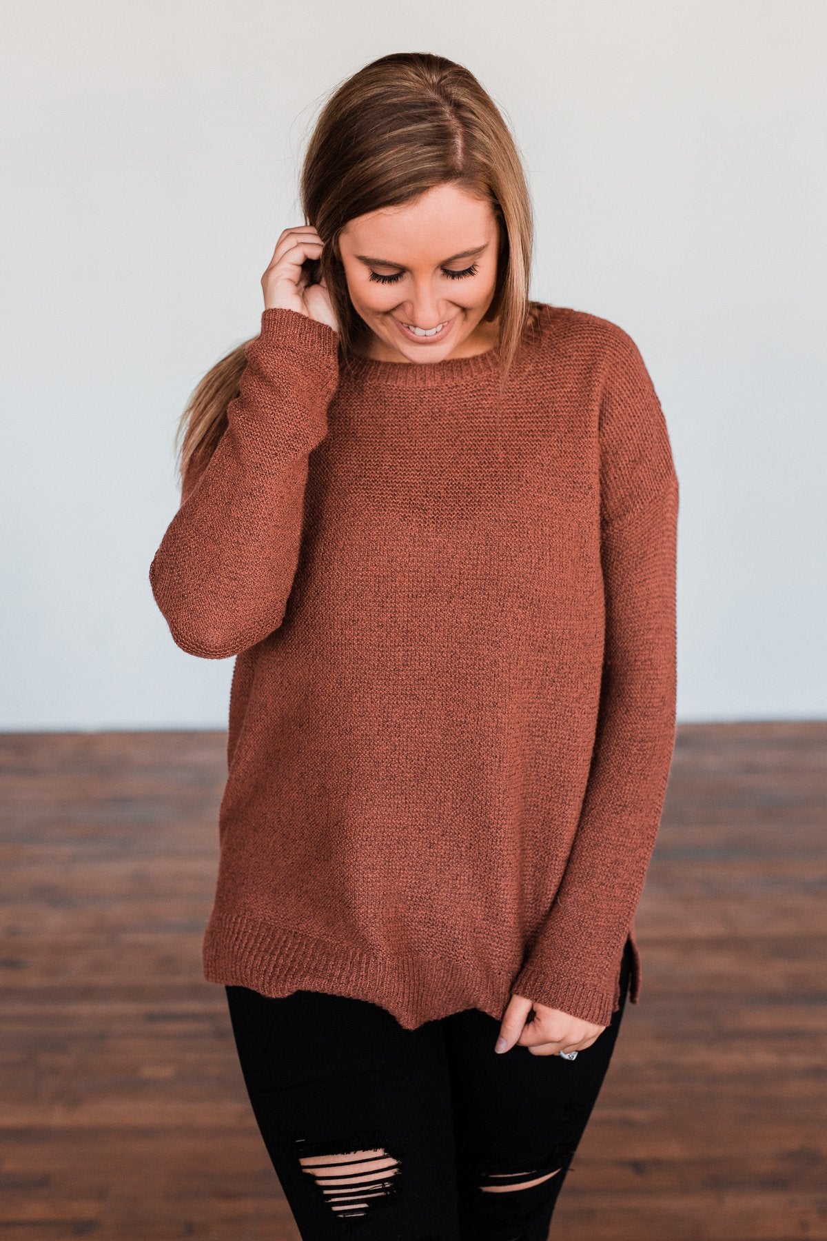 Reaching Out To You Knit Sweater- Brick
