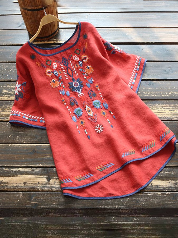 Women's Round Neck Embroidered Loose Women's T-shirt