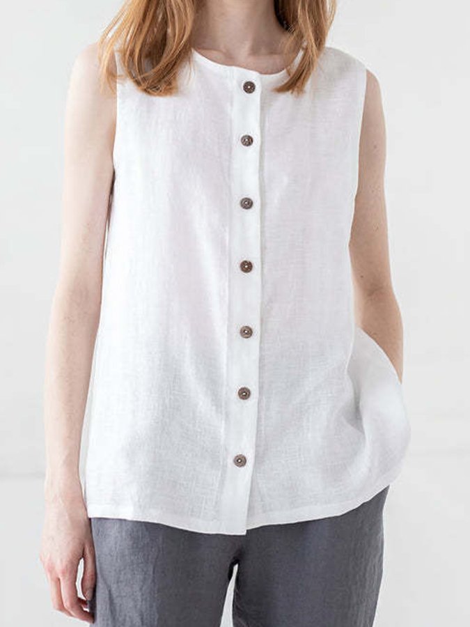 Women's Cotton Linen Sleeveless Crewneck Tank Top