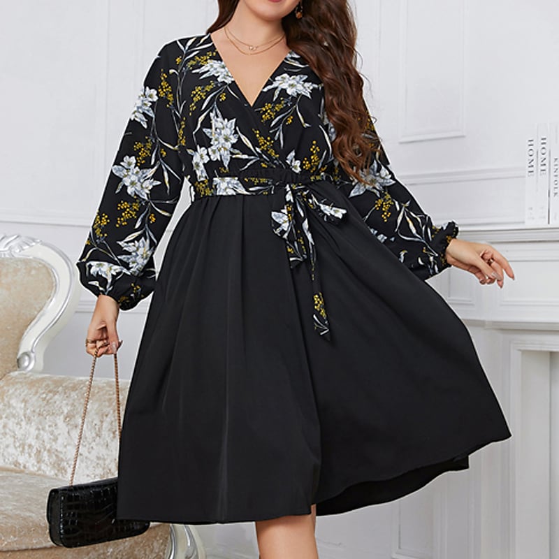 Women's Plus Size Casual Dress Floral V Neck Long Sleeve Fall Winter Casual Midi Dress Causal Daily Dress
