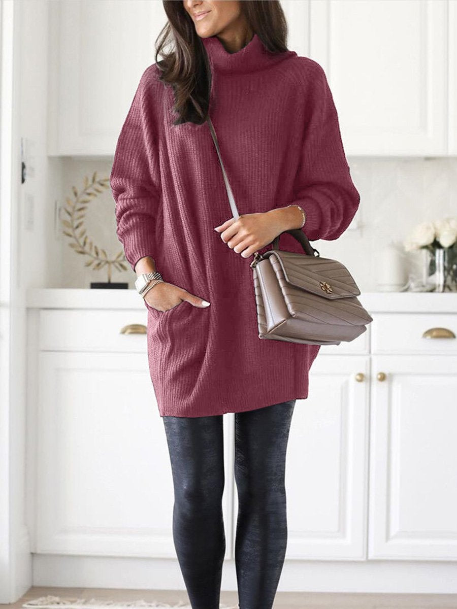 Knitted Turtleneck Solid Color Long Sweater