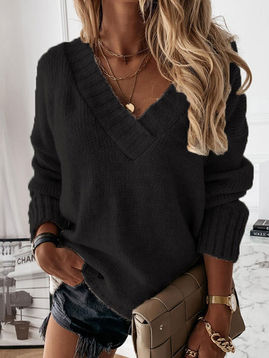 V-neck loose solid color sweater