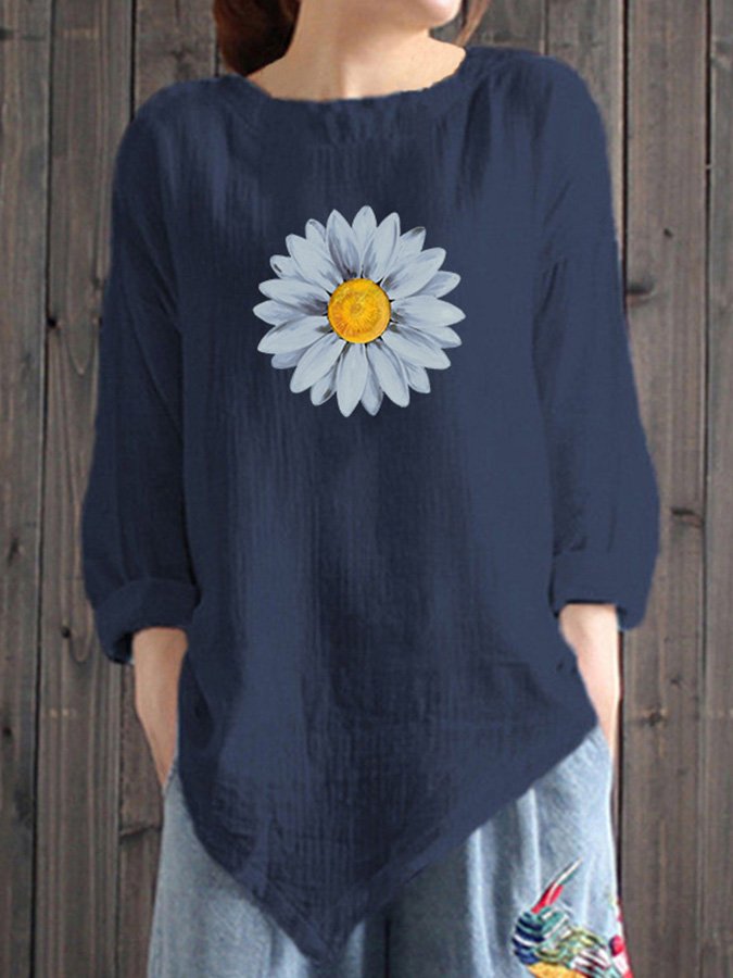 Ladies Cotton Linen Daisy Print Casual Irregular Hem Shirt