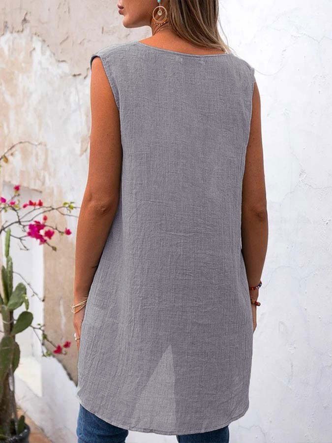Women's Cotton Linen Slit Sleeveless Top