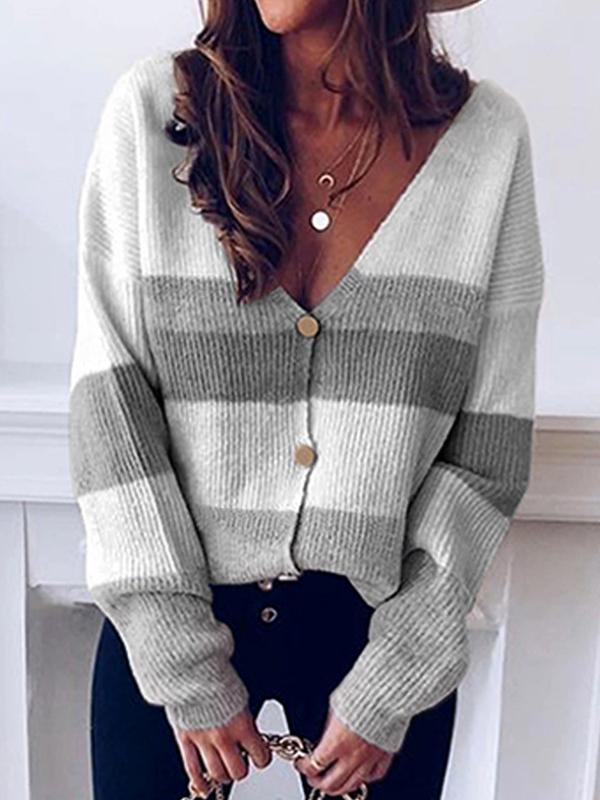 Sexy V Neck Contrast Stitching Long Sleeved Sweater Cardigan