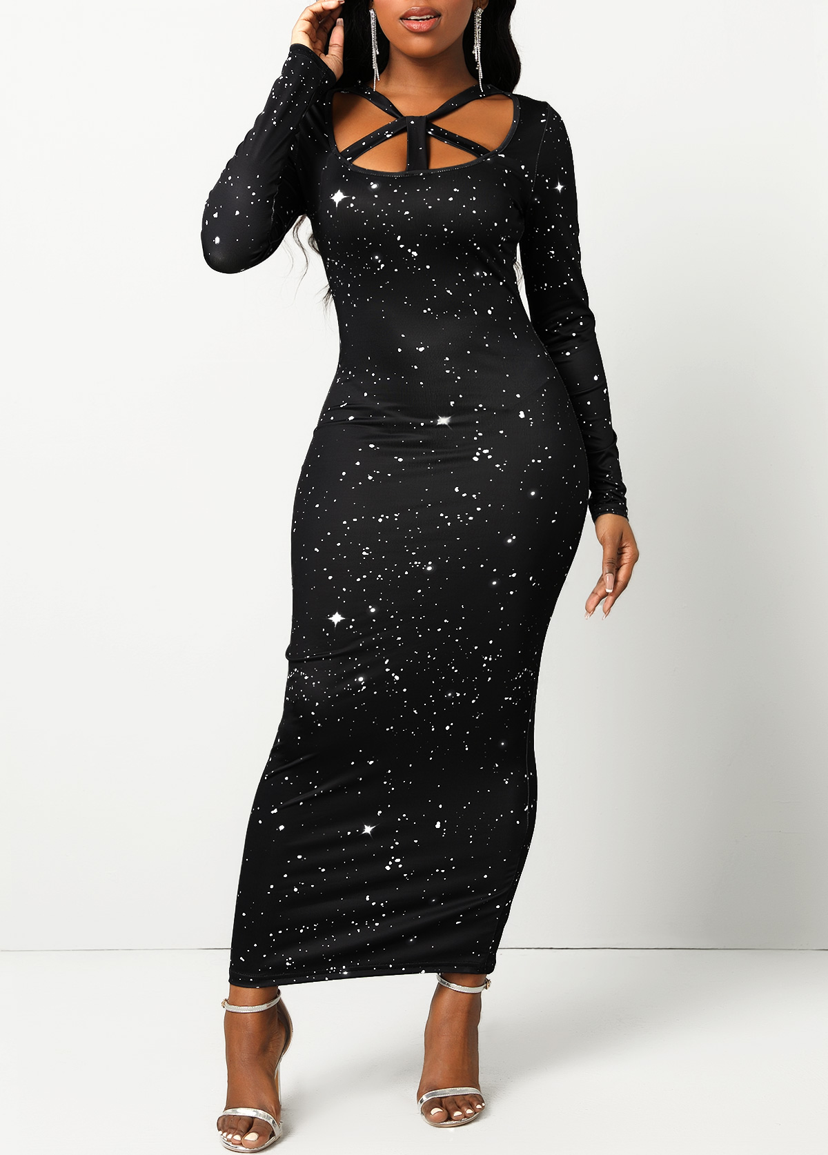 Galaxy Print Cage Neck Black Maxi Dress