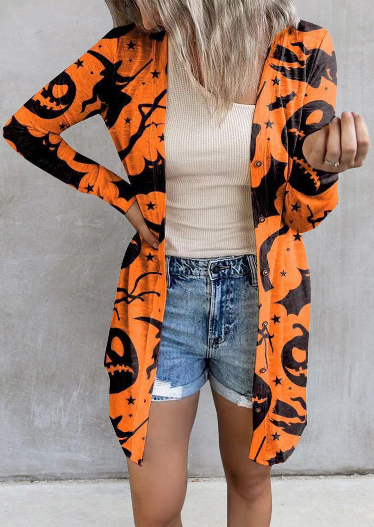 Halloween Pumpkin Bat Long Sleeve Cardigan - Orange