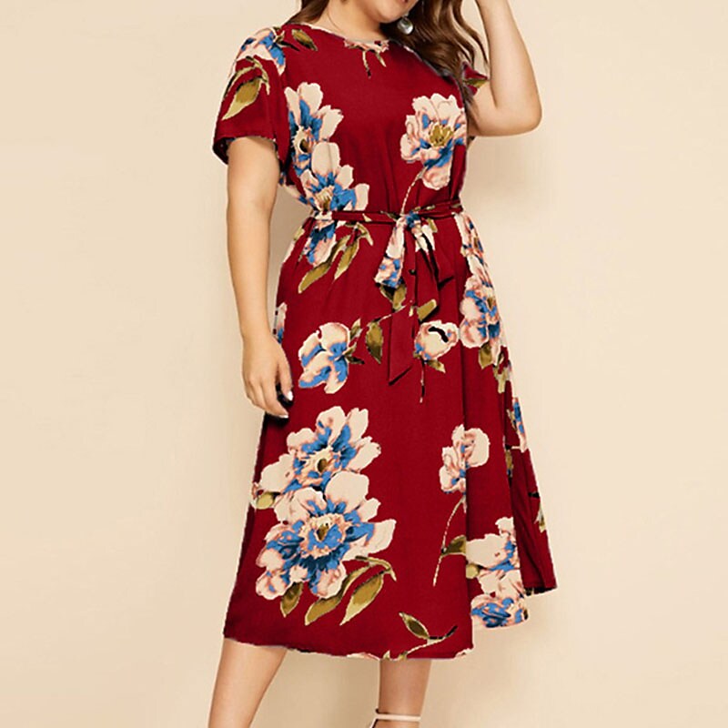Women's Plus Size A Line Dress Floral Casual Midi Dress