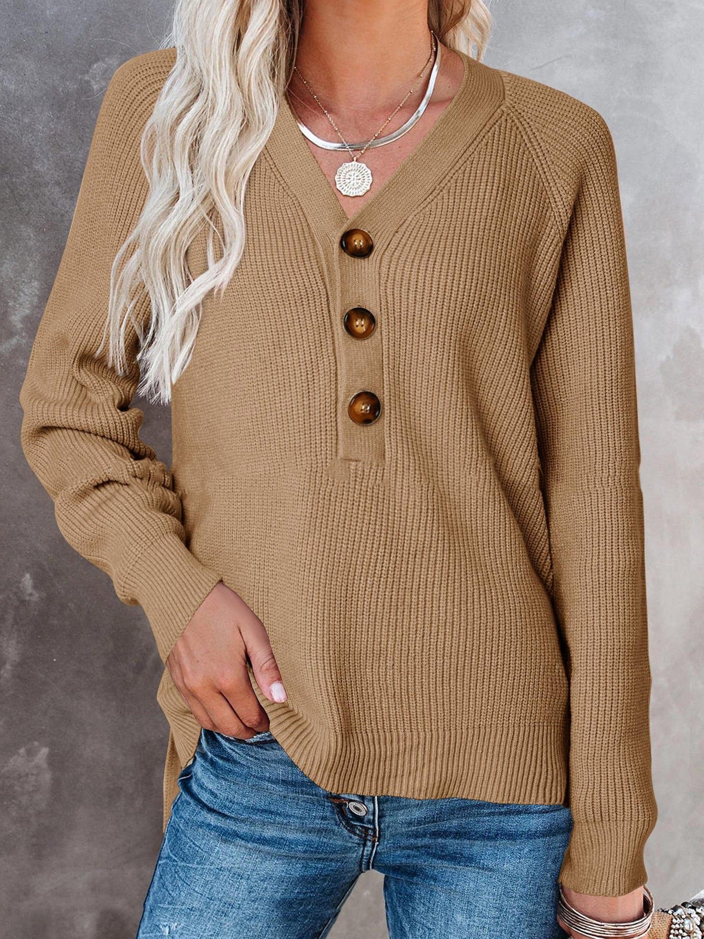Women's Solid Long Sleeve Button Sweater