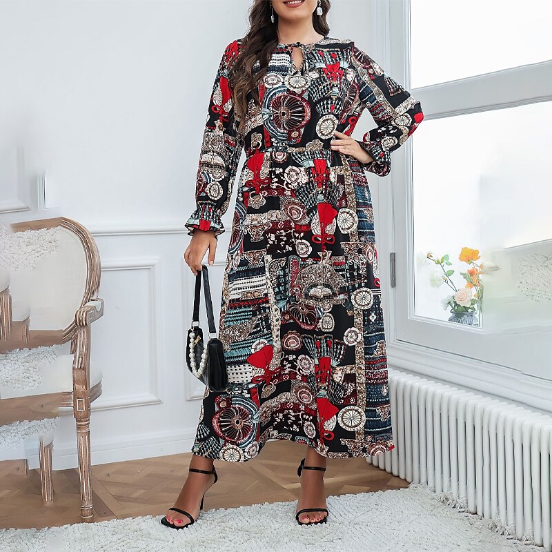 Women's Plus Size A Line Dress Print Crew Neck Long Sleeve Fall Winter Stylish Casual Maxi long Dress Date Vacation Dress
