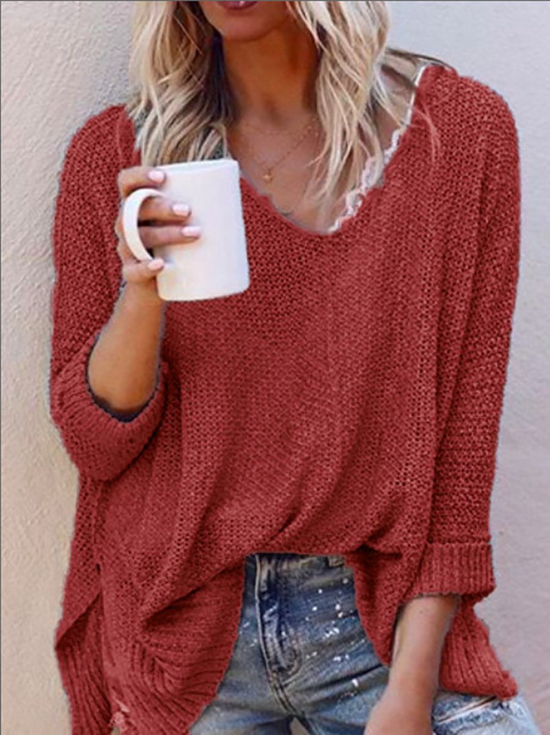 V-neck solid color knitted sweater