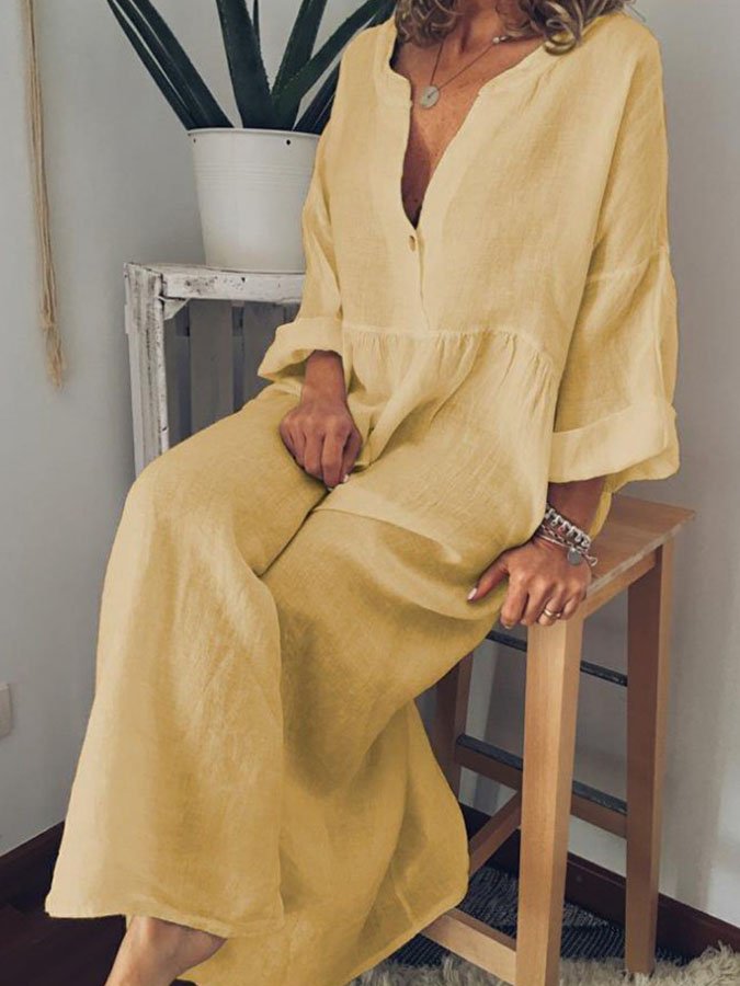 Cotton Linen V-Neck Dress