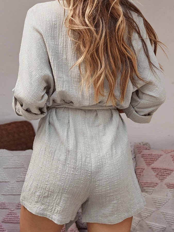 Ladies Cotton Linen Solid Color Casual Jumpsuit