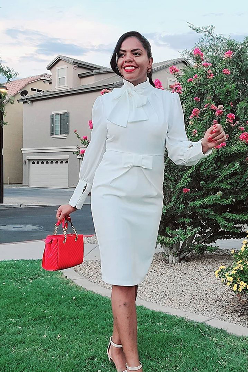 Bow Collar White Long Sleeve Dress