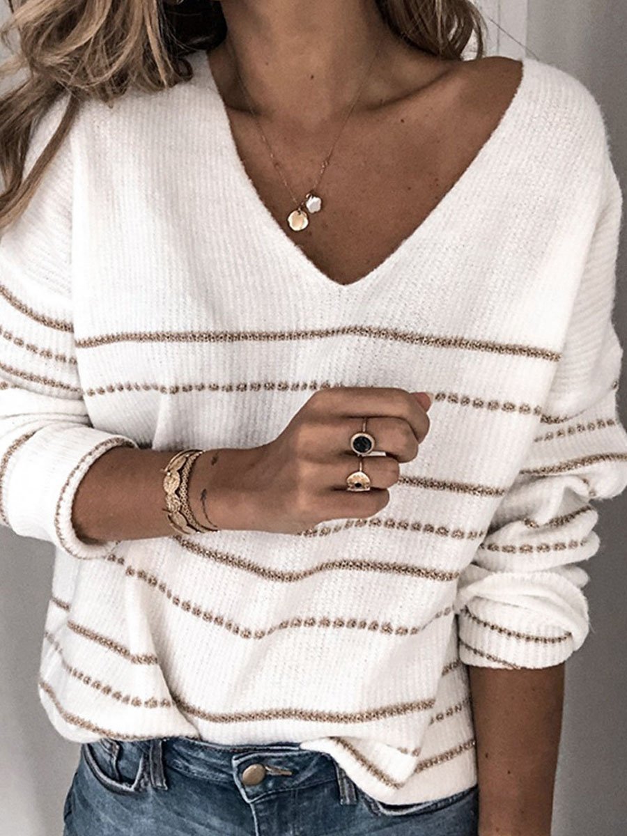 Solid Knitwear Casual Stripe V-Neck Sweater