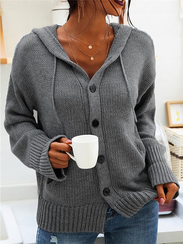 Women's Sweater Cardigan Jumper Knit Knitted Solid Color Hooded Stylish Home Going out Fall Winter Regular Fit