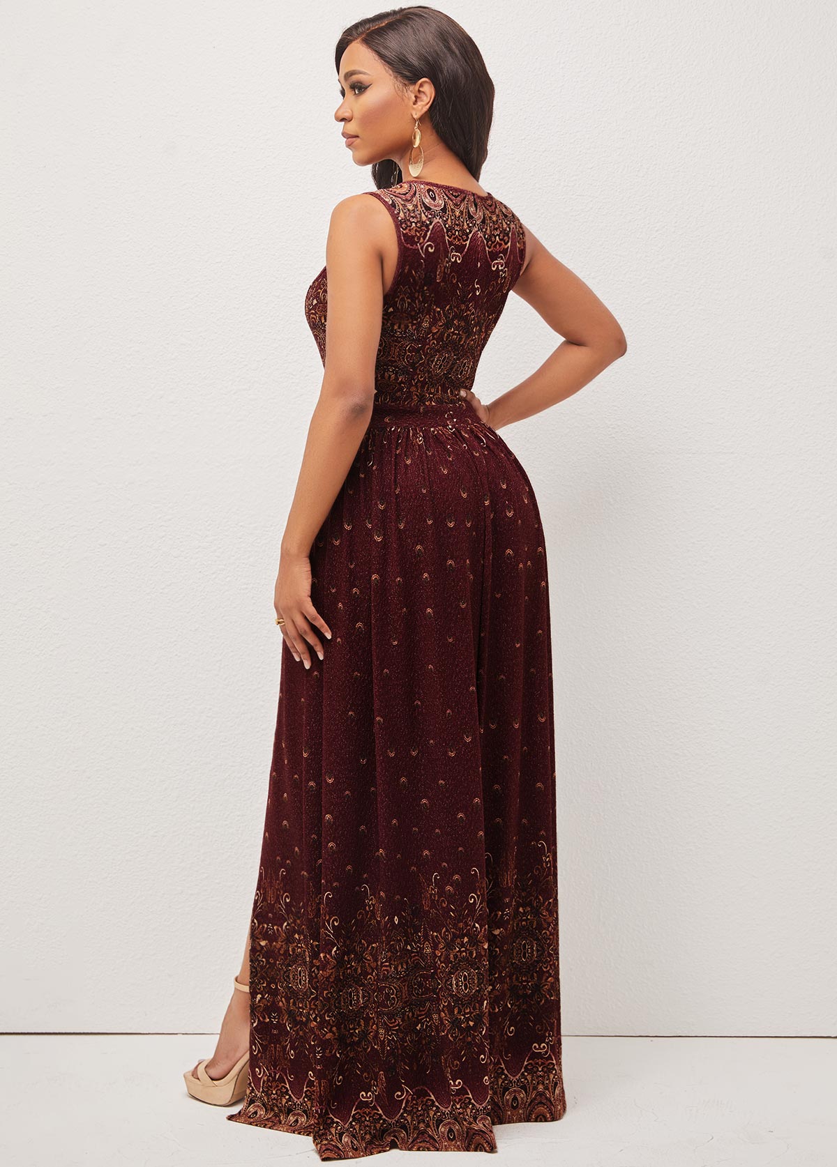 Wine Red Side Slit Sleeveless Dress