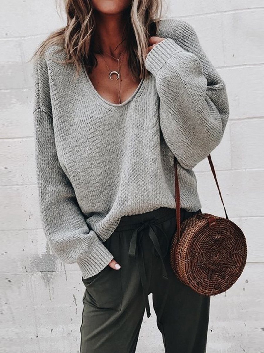 Loose Fitted V-Neck Solid Color Long Sleeves Sweater
