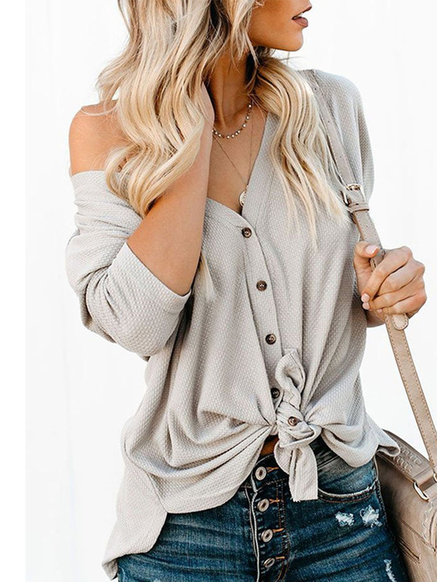 V-Neck Solid Color Single-Breasted Knot Knitted Long Sleeves Cardigan