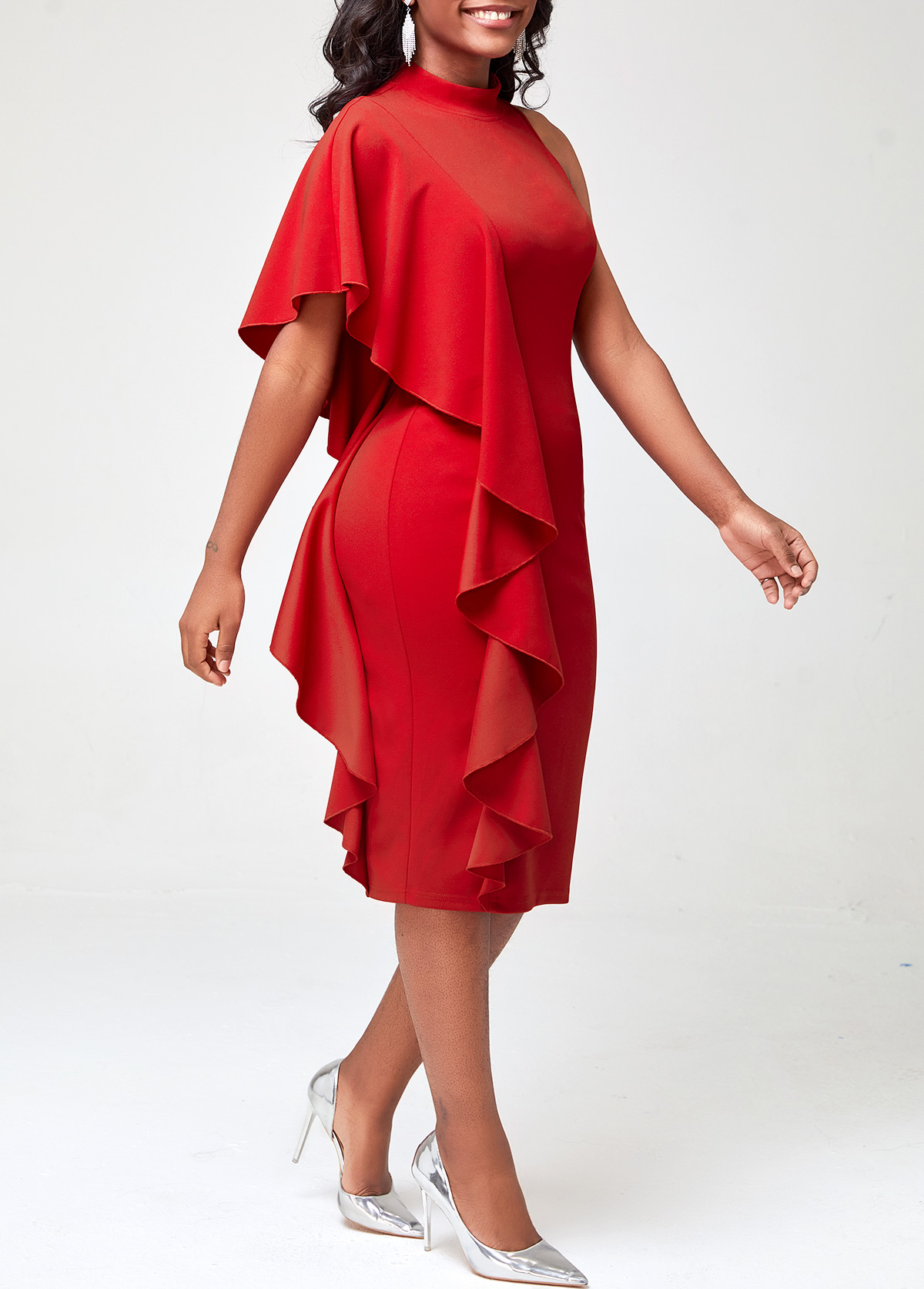 Flounce One Shoulder Mock Neck Red Dress
