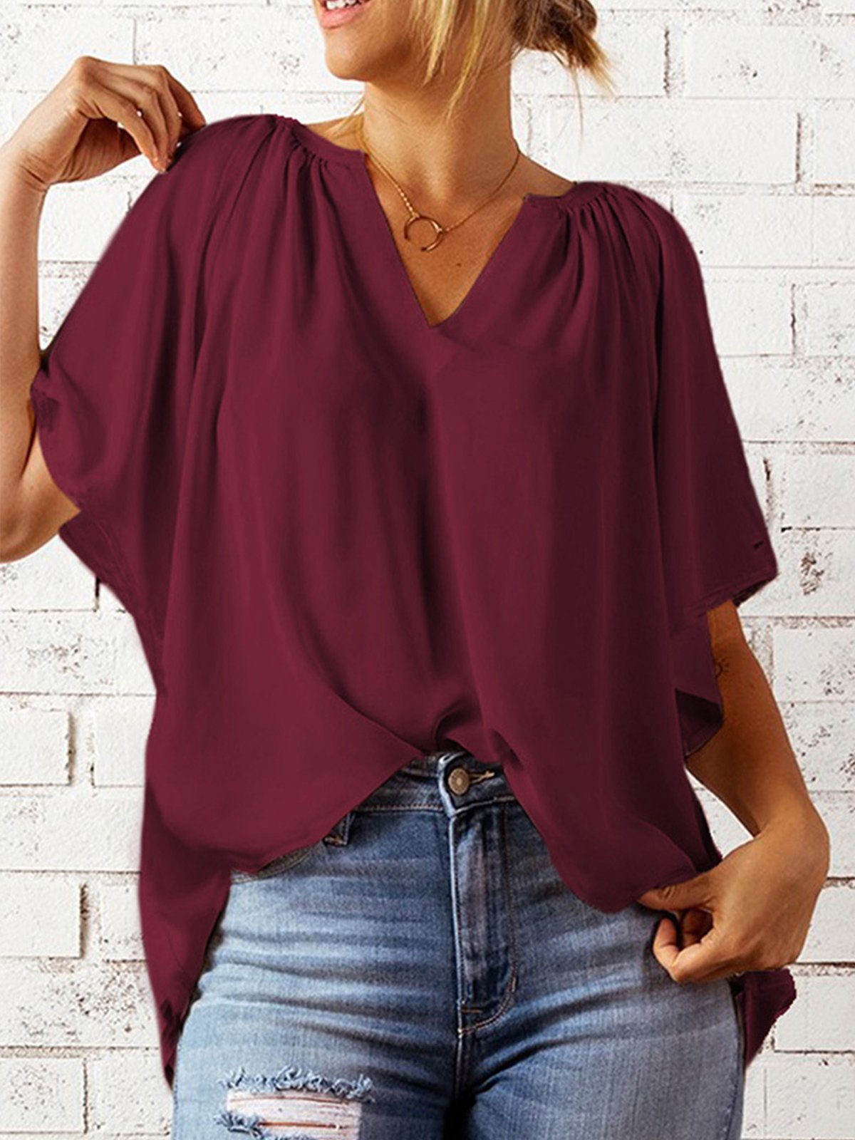 Women's Pure Color Gathered V-Neck Ruffle Sleeve Chiffon Shirt