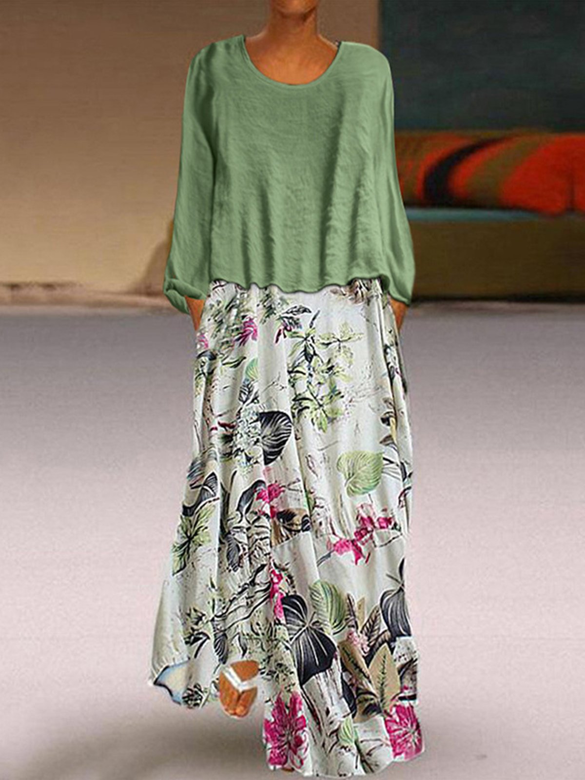 Women's Casual Floral Cotton Dress Two Piece Suit