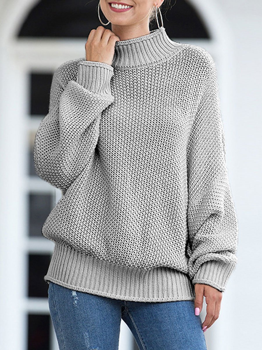 Rolled high neck bat sleeve knit sweater