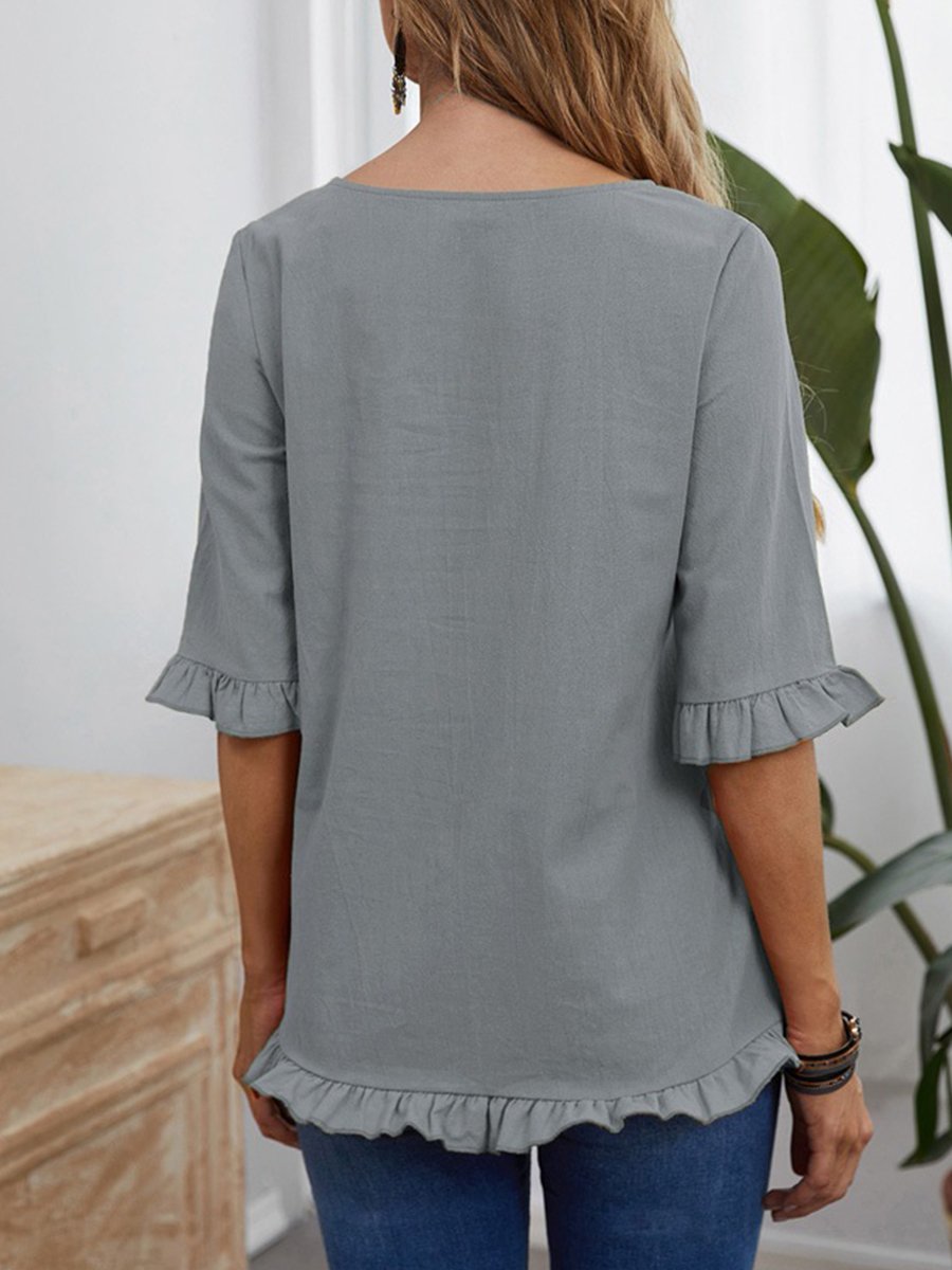 Women's Solid Color Pleated Cuff Sleeves Cotton Linen Top